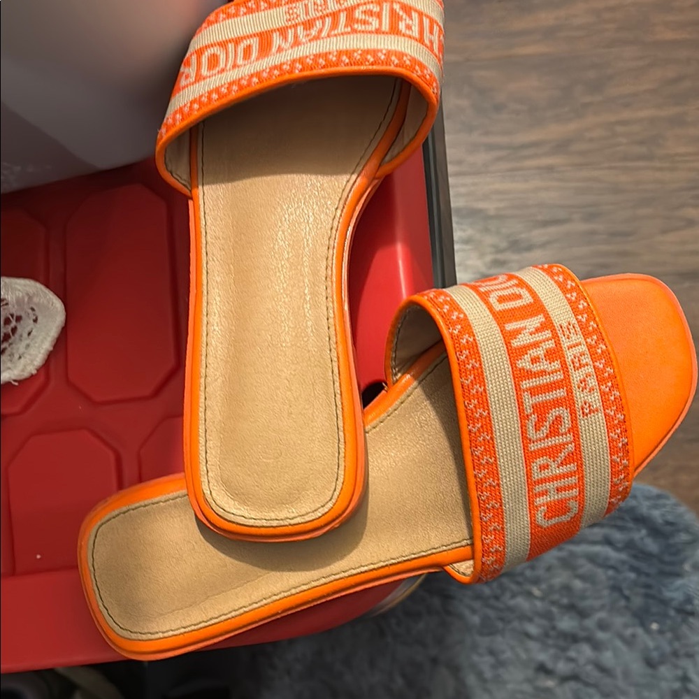 Dior Orange Canvas Logo Slide Sandals with Tan Footbed and Orange Trim - Picture 2 of 7